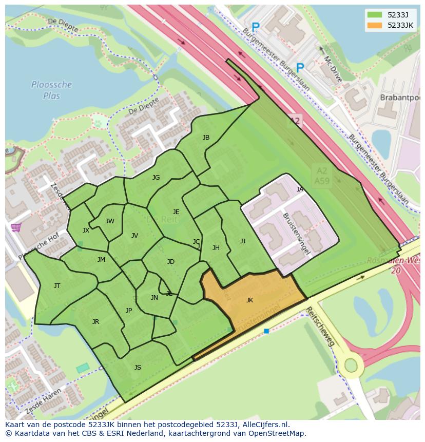 Afbeelding van het postcodegebied 5233 JK op de kaart.