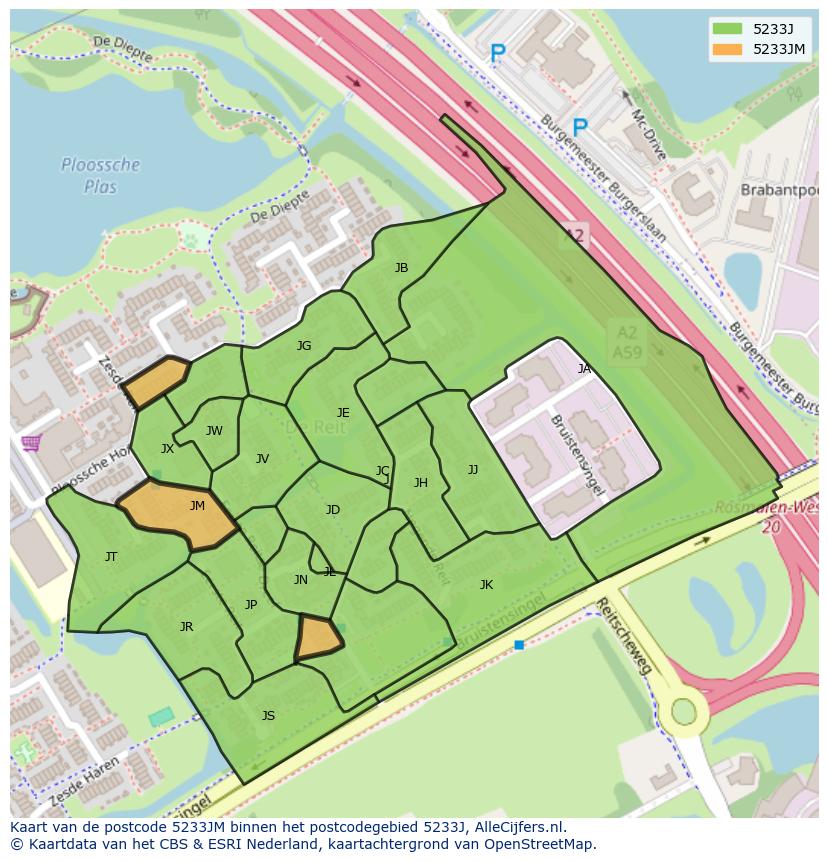 Afbeelding van het postcodegebied 5233 JM op de kaart.