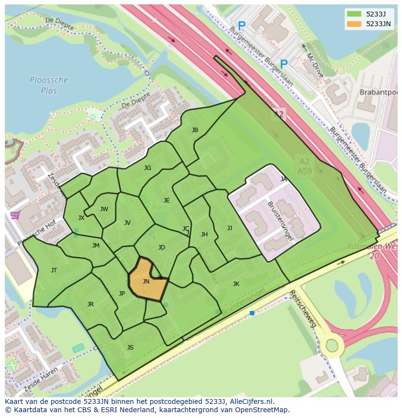 Afbeelding van het postcodegebied 5233 JN op de kaart.