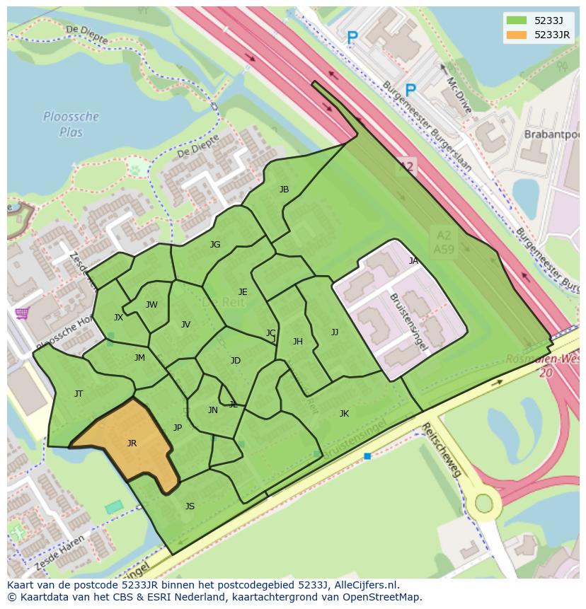 Afbeelding van het postcodegebied 5233 JR op de kaart.