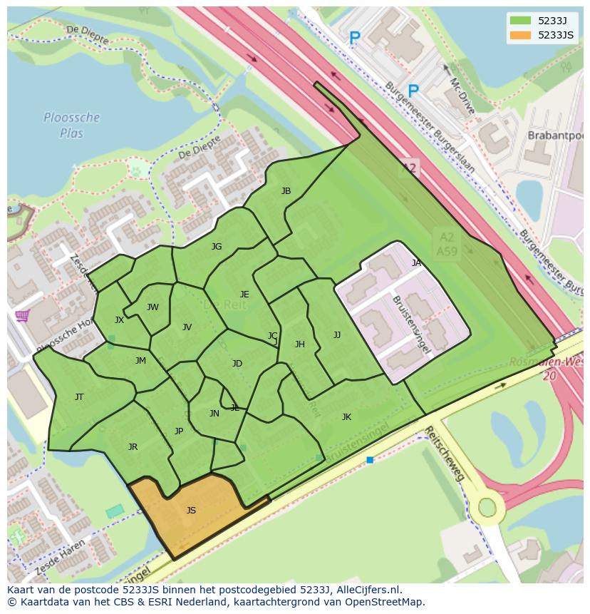 Afbeelding van het postcodegebied 5233 JS op de kaart.