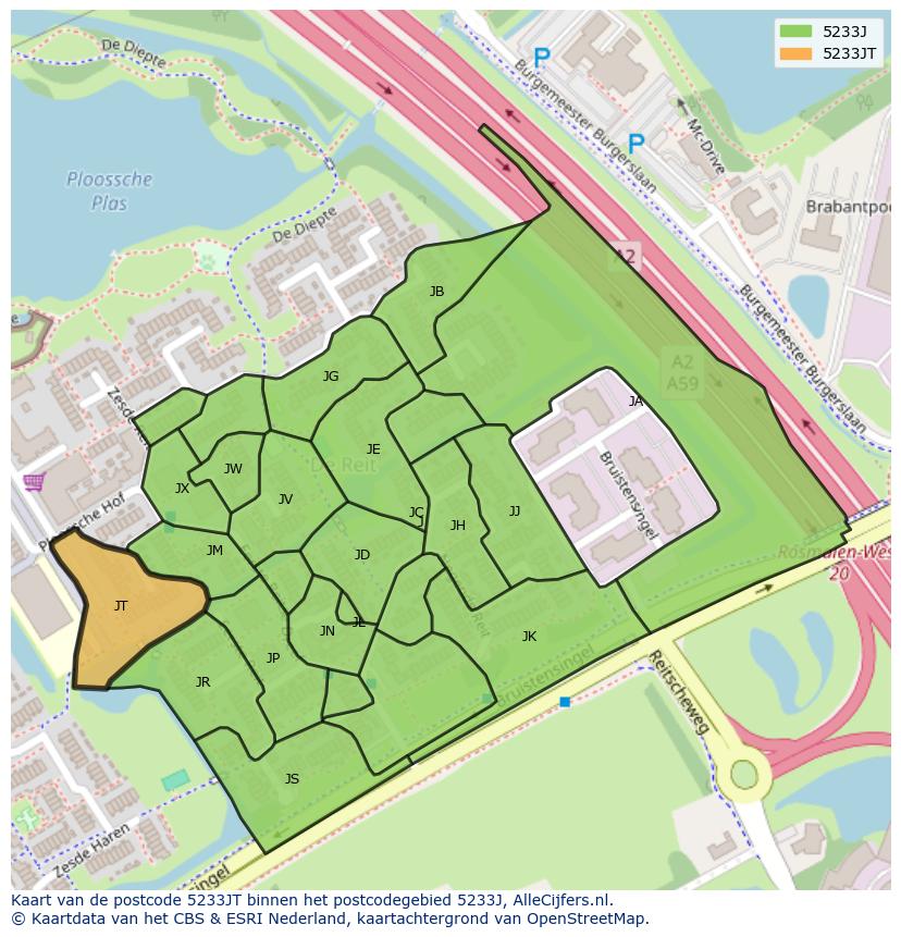 Afbeelding van het postcodegebied 5233 JT op de kaart.
