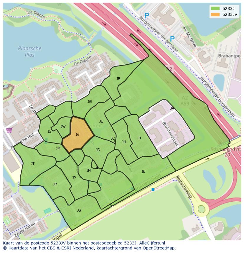 Afbeelding van het postcodegebied 5233 JV op de kaart.