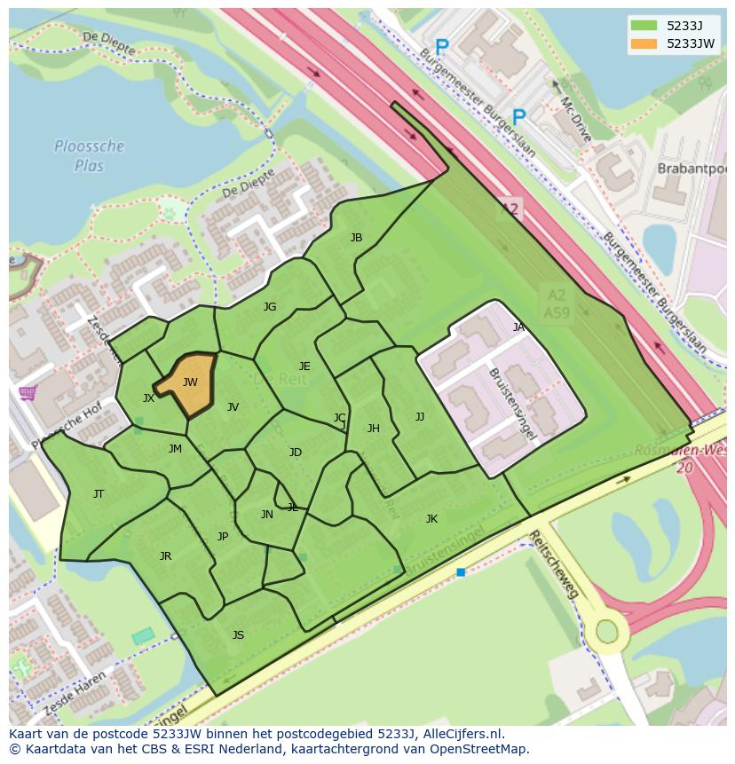 Afbeelding van het postcodegebied 5233 JW op de kaart.