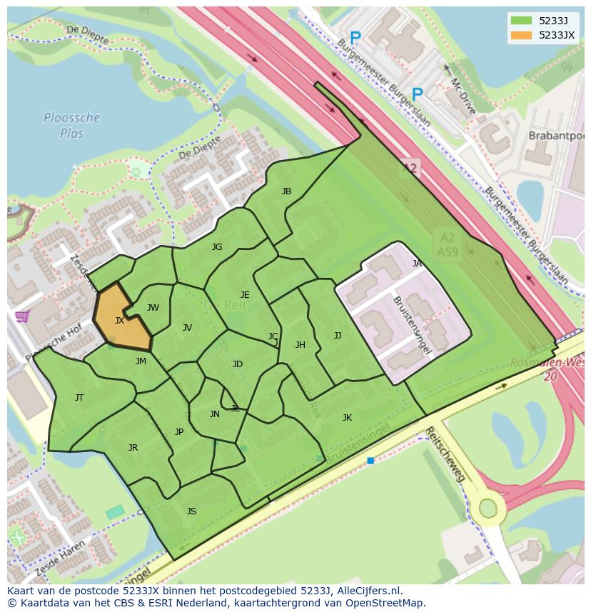 Afbeelding van het postcodegebied 5233 JX op de kaart.