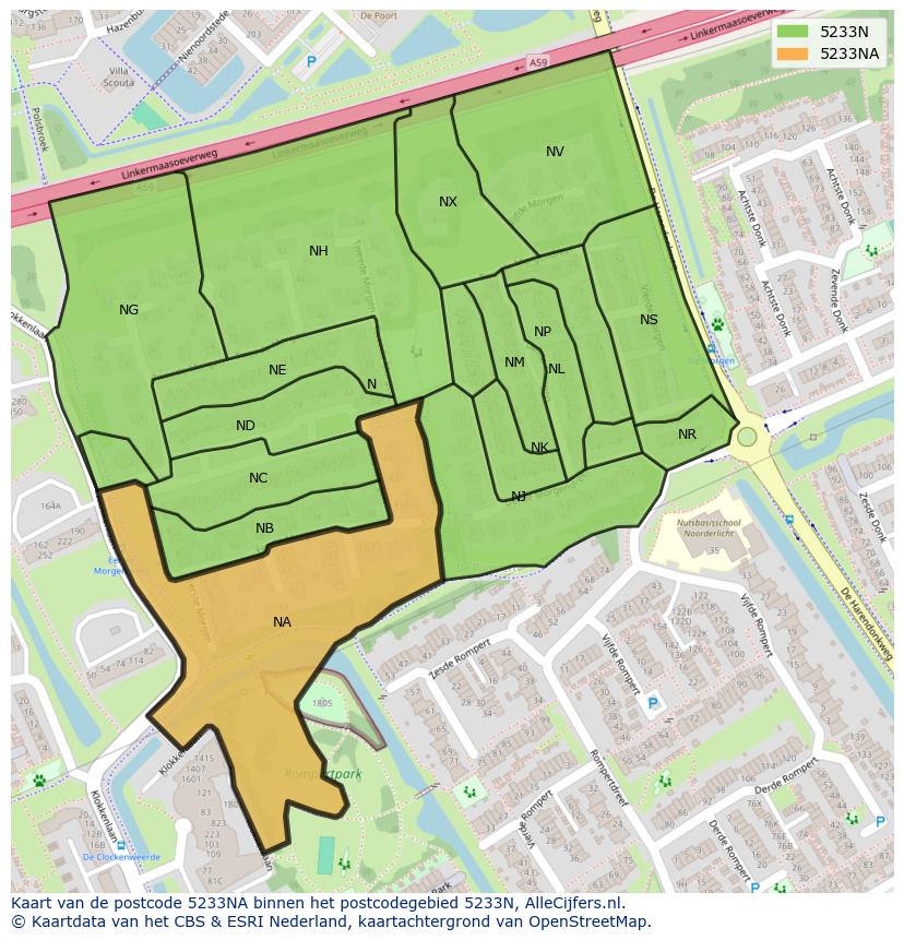 Afbeelding van het postcodegebied 5233 NA op de kaart.