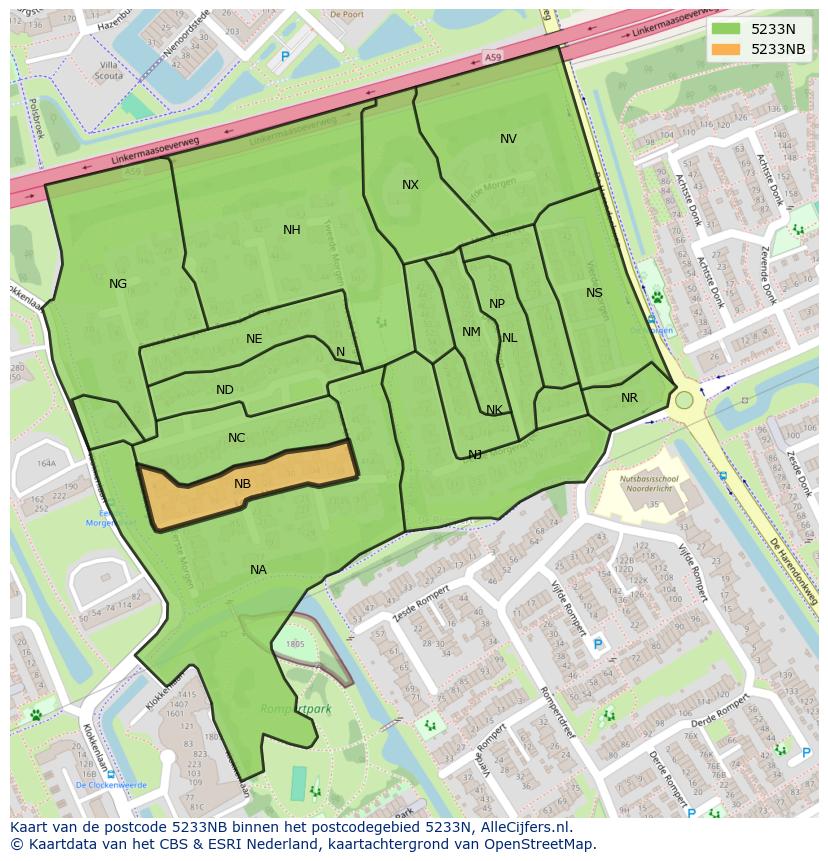 Afbeelding van het postcodegebied 5233 NB op de kaart.