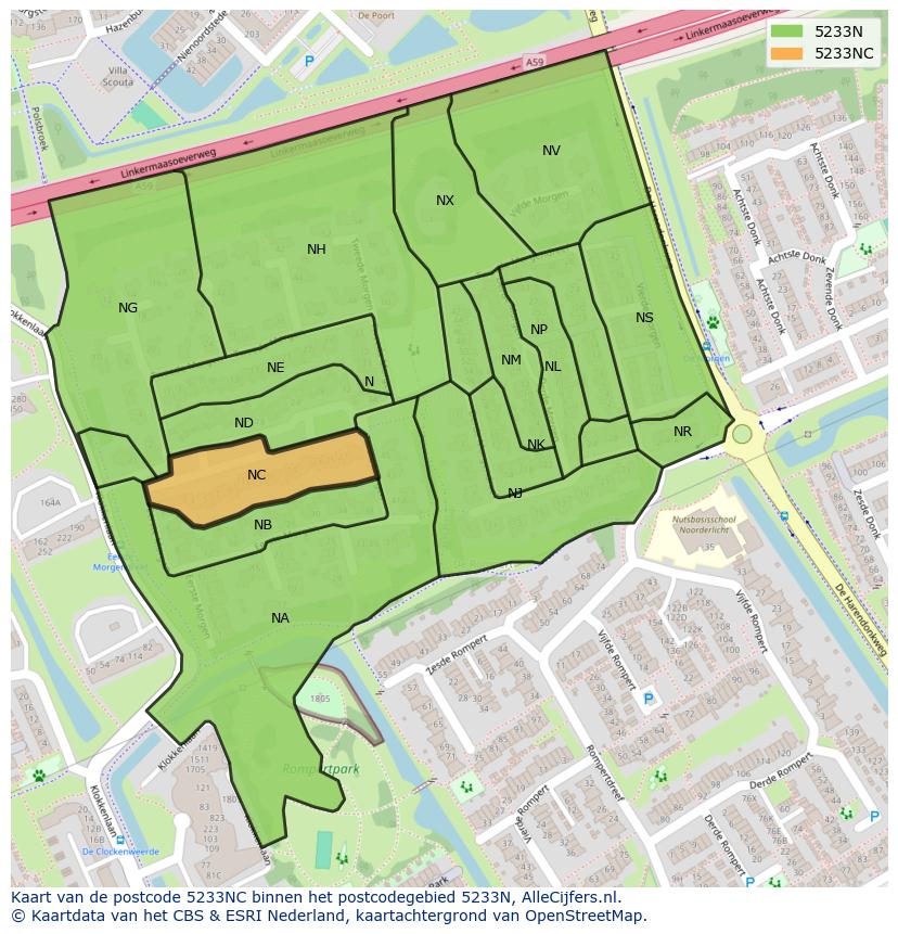 Afbeelding van het postcodegebied 5233 NC op de kaart.