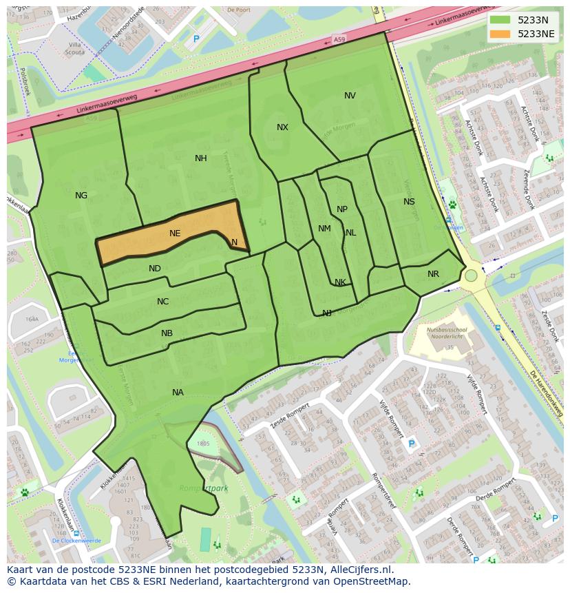 Afbeelding van het postcodegebied 5233 NE op de kaart.