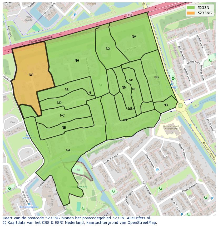 Afbeelding van het postcodegebied 5233 NG op de kaart.