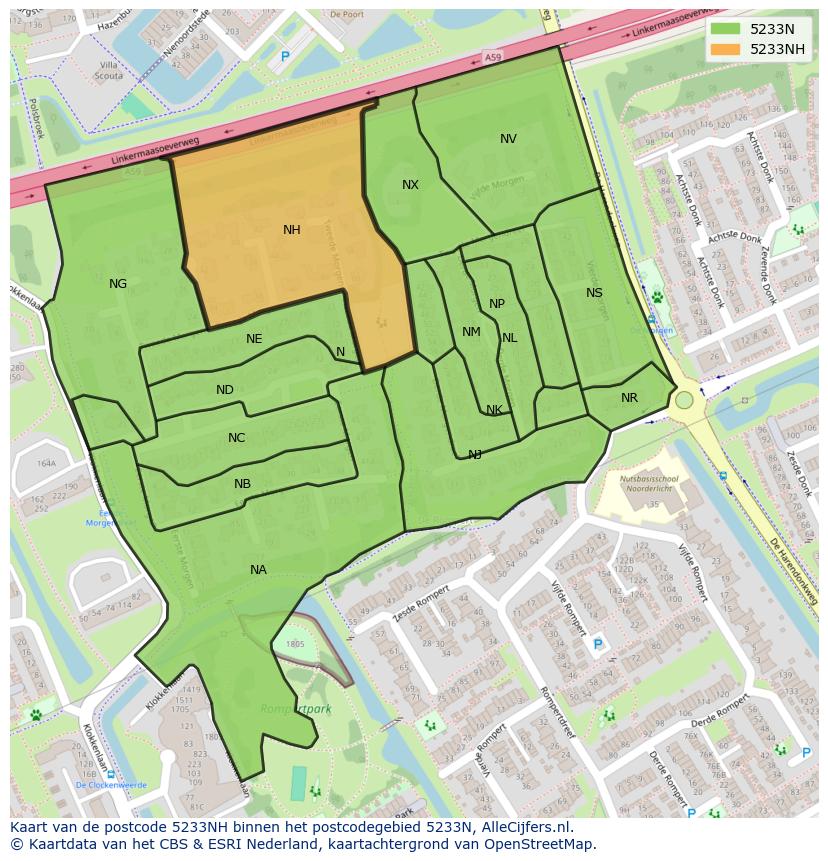 Afbeelding van het postcodegebied 5233 NH op de kaart.