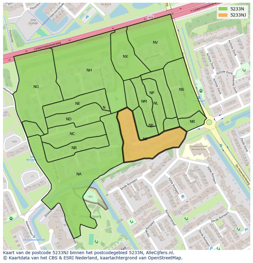 Afbeelding van het postcodegebied 5233 NJ op de kaart.