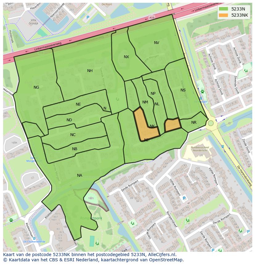 Afbeelding van het postcodegebied 5233 NK op de kaart.