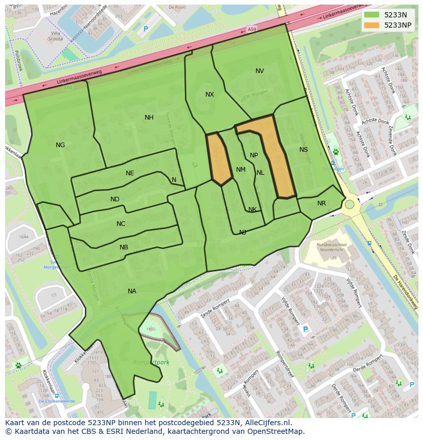 Afbeelding van het postcodegebied 5233 NP op de kaart.
