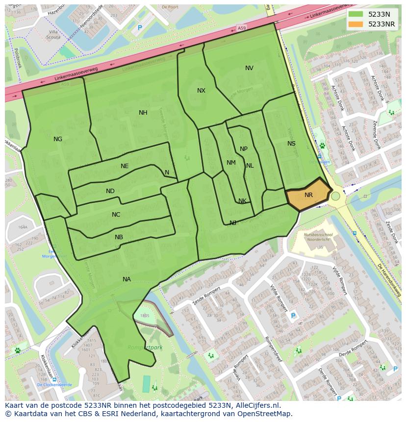 Afbeelding van het postcodegebied 5233 NR op de kaart.