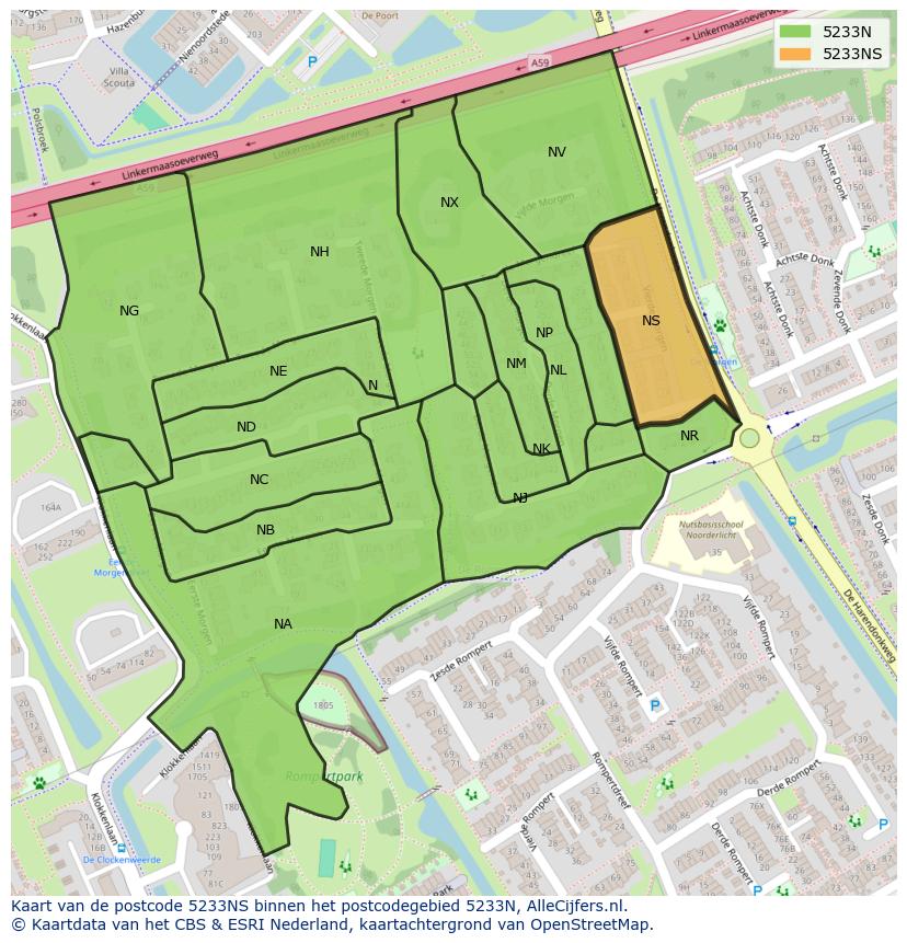 Afbeelding van het postcodegebied 5233 NS op de kaart.
