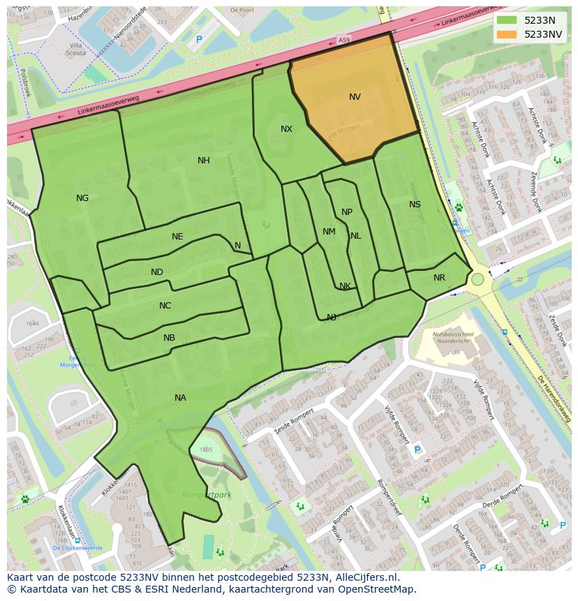 Afbeelding van het postcodegebied 5233 NV op de kaart.