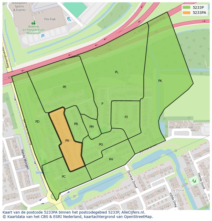 Afbeelding van het postcodegebied 5233 PA op de kaart.