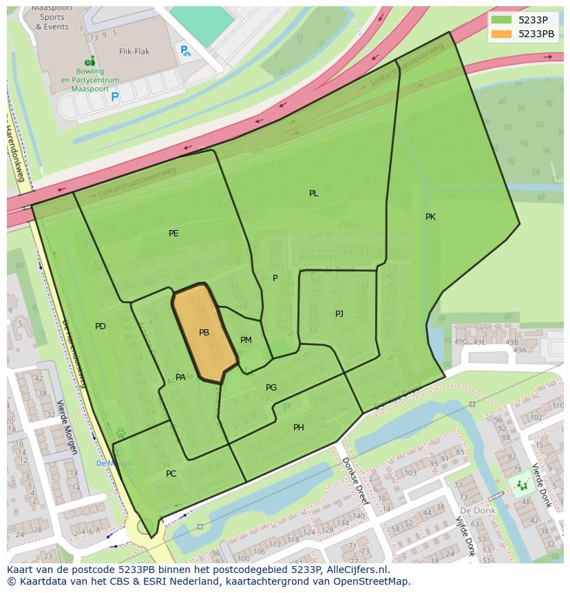 Afbeelding van het postcodegebied 5233 PB op de kaart.