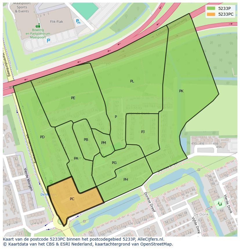 Afbeelding van het postcodegebied 5233 PC op de kaart.