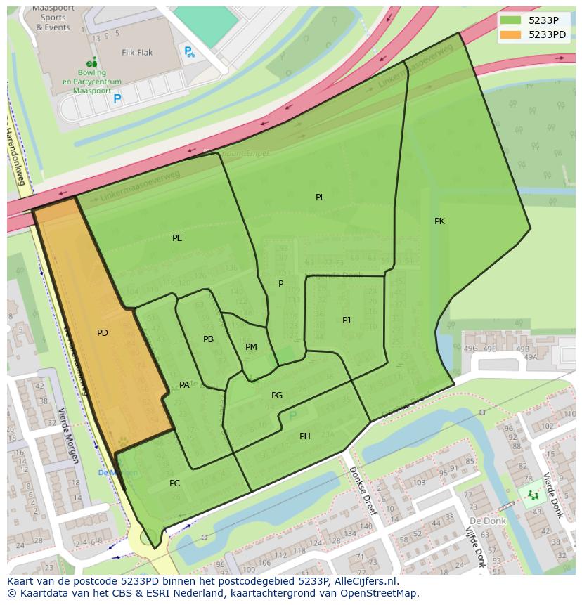 Afbeelding van het postcodegebied 5233 PD op de kaart.
