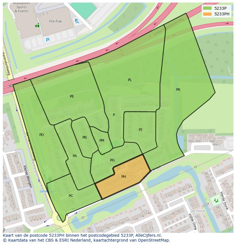 Afbeelding van het postcodegebied 5233 PH op de kaart.