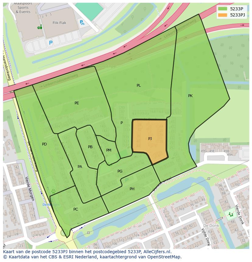 Afbeelding van het postcodegebied 5233 PJ op de kaart.