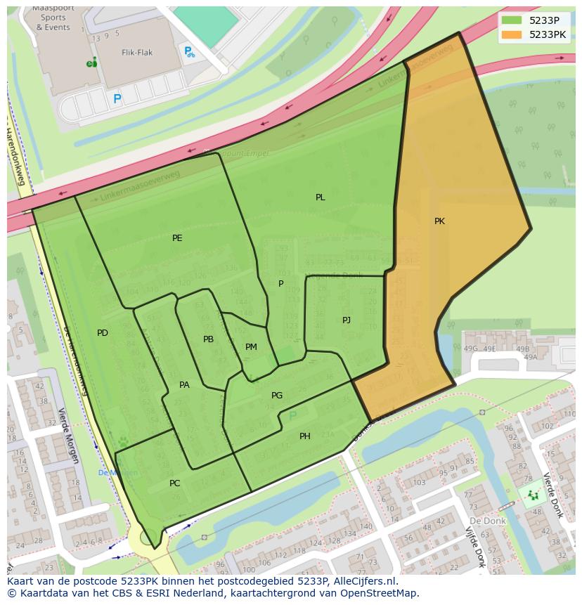 Afbeelding van het postcodegebied 5233 PK op de kaart.