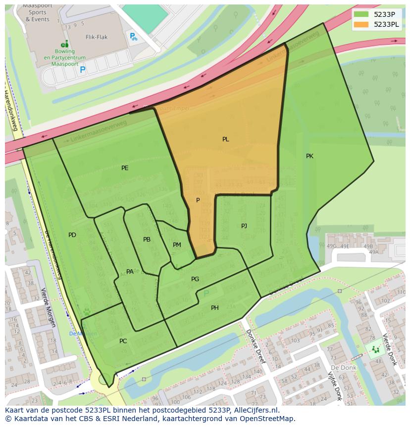 Afbeelding van het postcodegebied 5233 PL op de kaart.