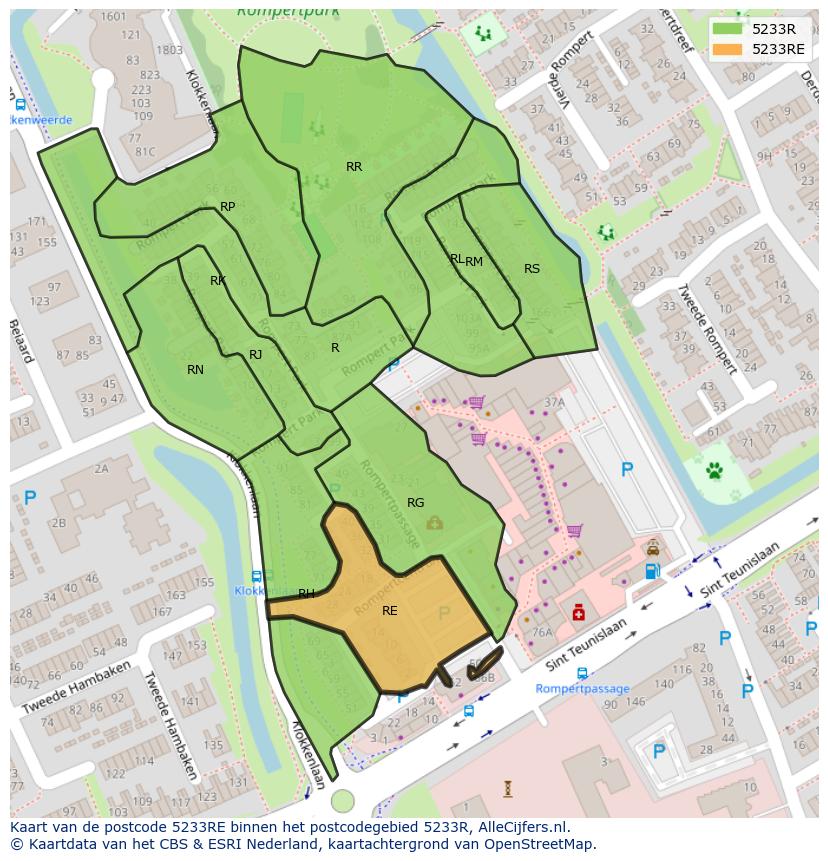 Afbeelding van het postcodegebied 5233 RE op de kaart.