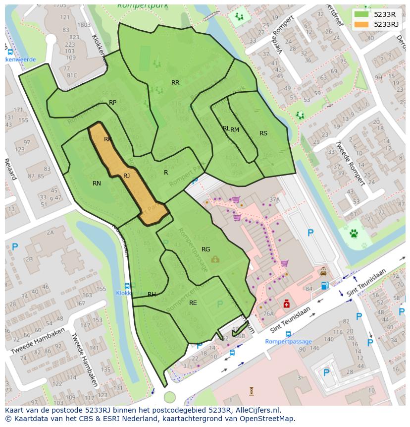 Afbeelding van het postcodegebied 5233 RJ op de kaart.