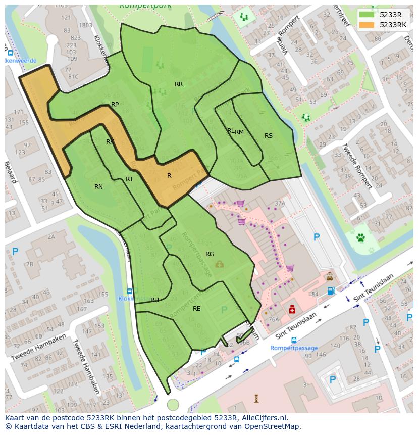 Afbeelding van het postcodegebied 5233 RK op de kaart.