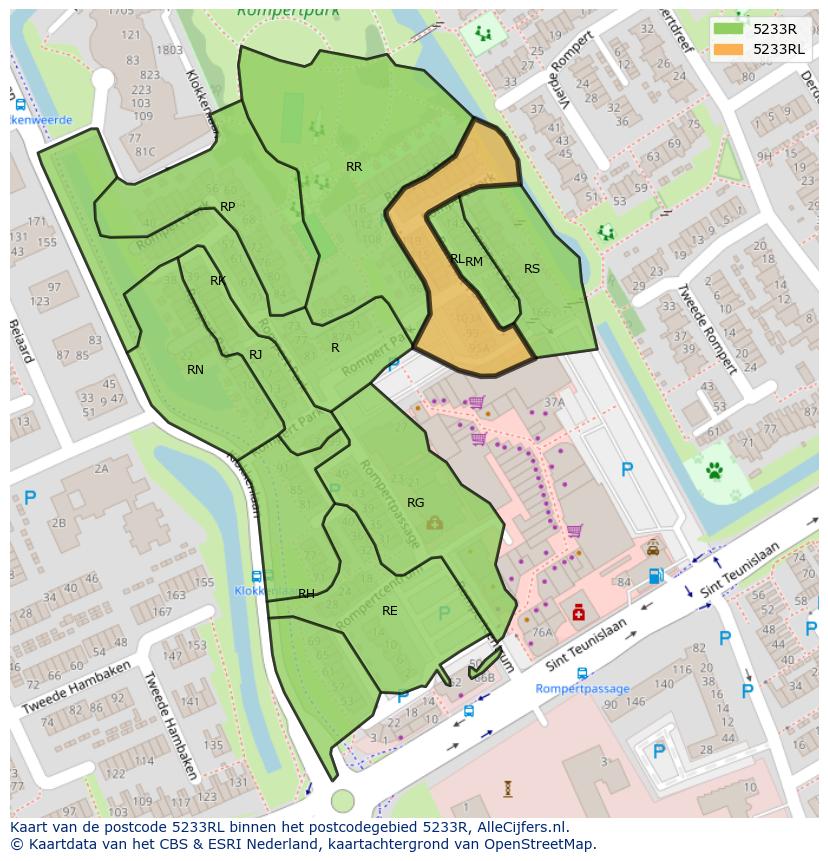 Afbeelding van het postcodegebied 5233 RL op de kaart.
