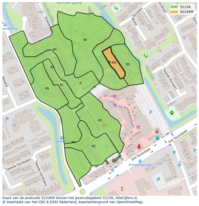 Afbeelding van het postcodegebied 5233 RM op de kaart.