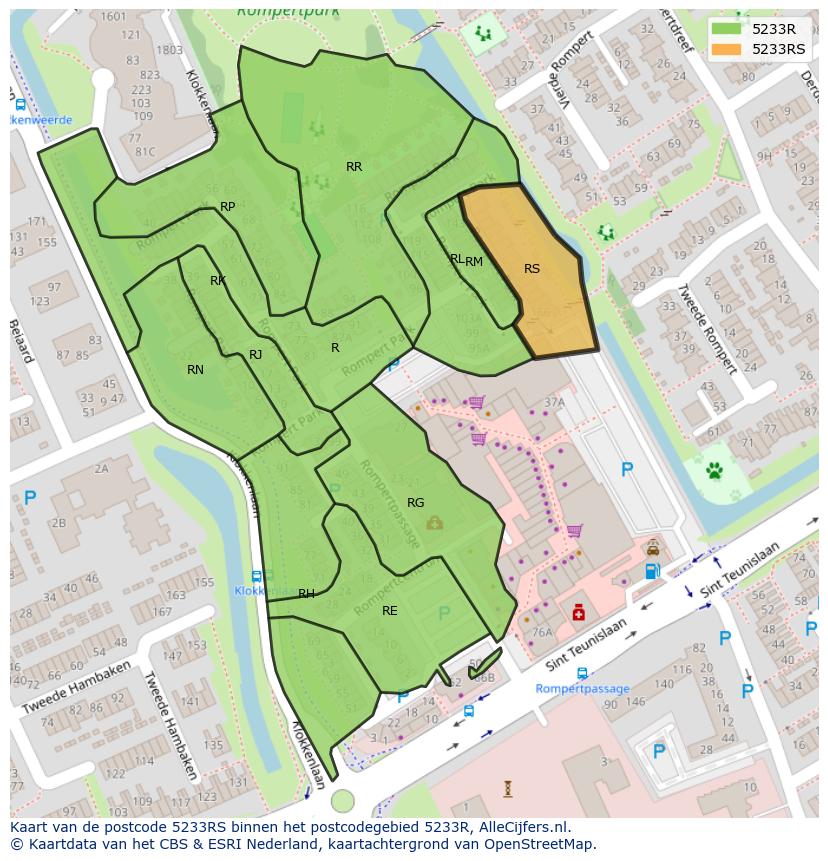Afbeelding van het postcodegebied 5233 RS op de kaart.