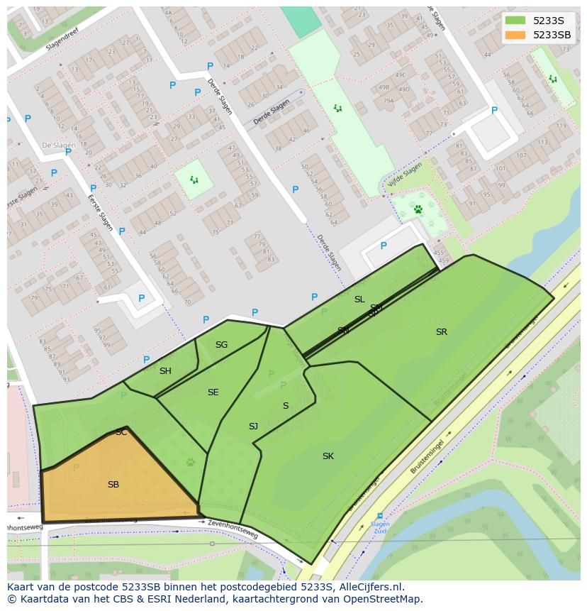 Afbeelding van het postcodegebied 5233 SB op de kaart.