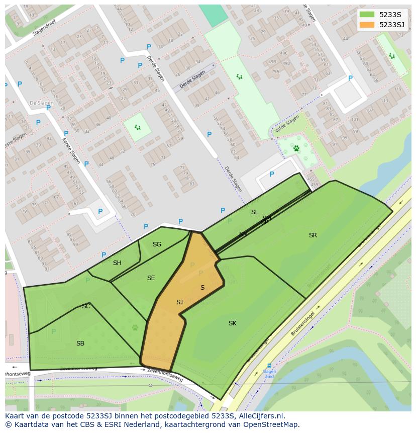 Afbeelding van het postcodegebied 5233 SJ op de kaart.