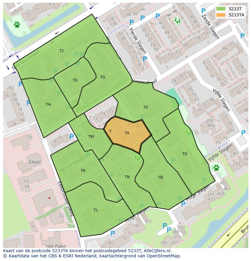 Afbeelding van het postcodegebied 5233 TA op de kaart.