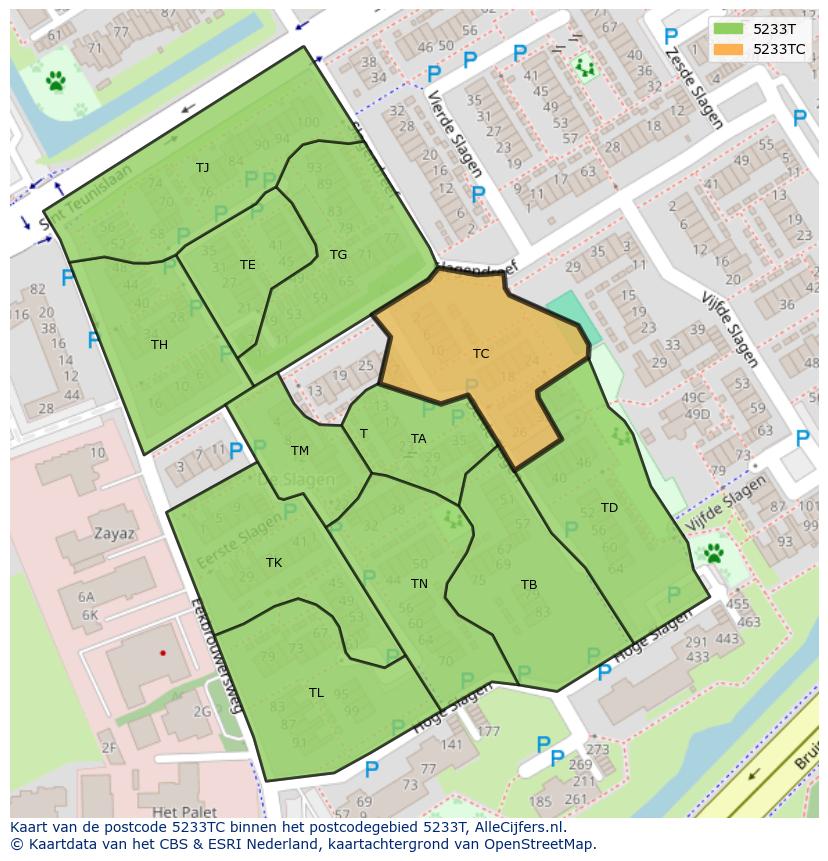 Afbeelding van het postcodegebied 5233 TC op de kaart.