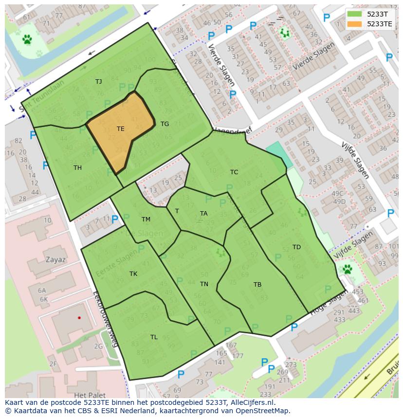 Afbeelding van het postcodegebied 5233 TE op de kaart.