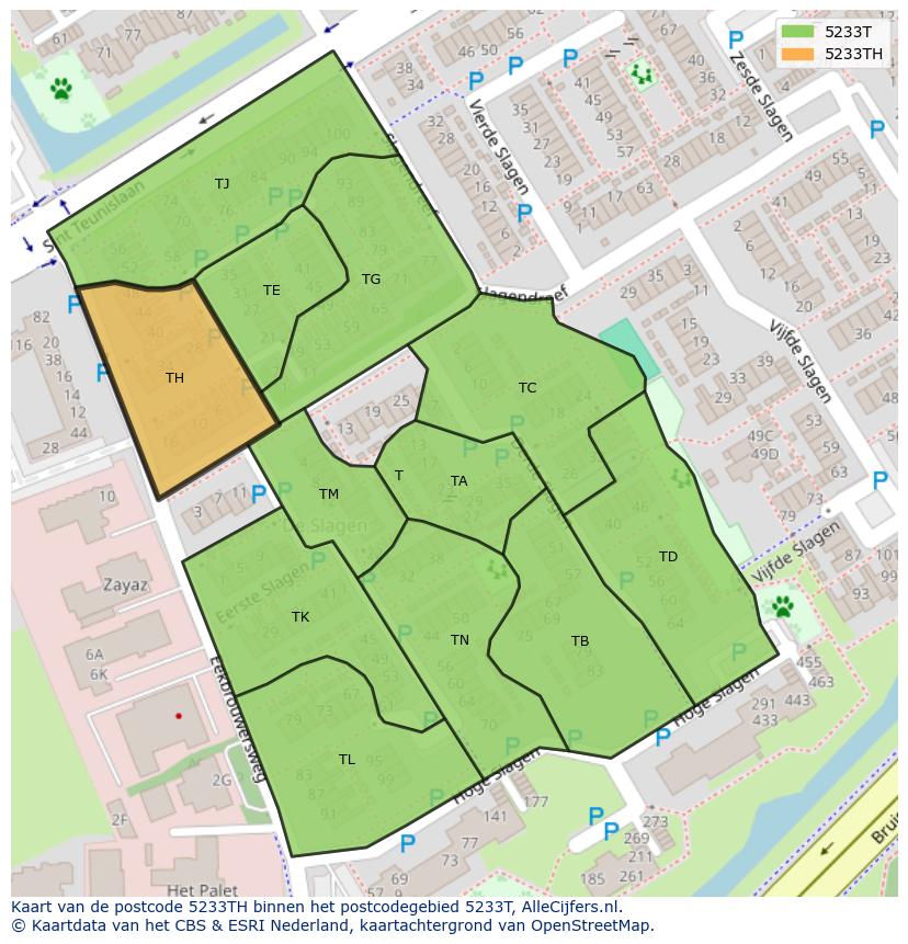 Afbeelding van het postcodegebied 5233 TH op de kaart.
