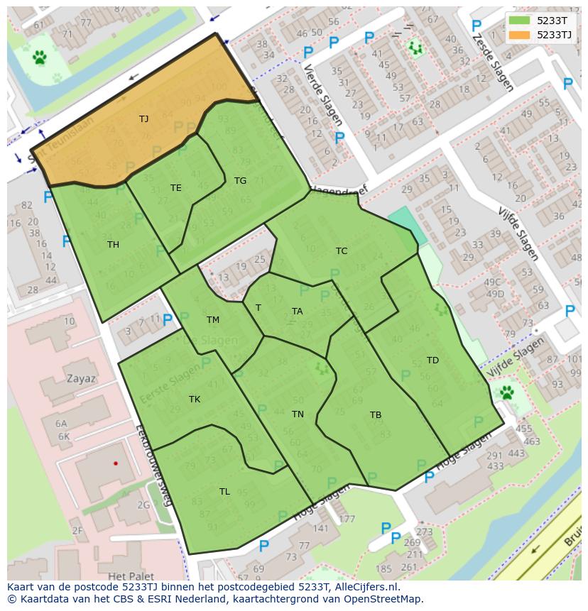 Afbeelding van het postcodegebied 5233 TJ op de kaart.