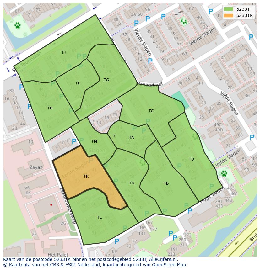 Afbeelding van het postcodegebied 5233 TK op de kaart.