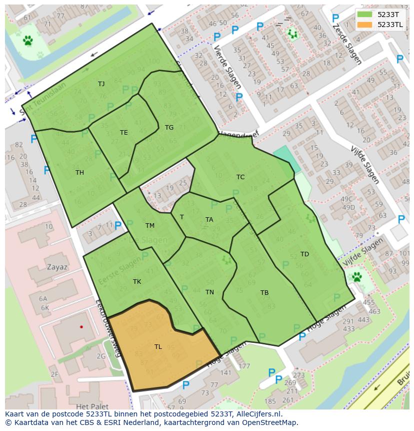 Afbeelding van het postcodegebied 5233 TL op de kaart.