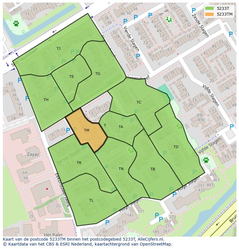 Afbeelding van het postcodegebied 5233 TM op de kaart.