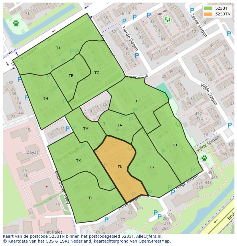 Afbeelding van het postcodegebied 5233 TN op de kaart.