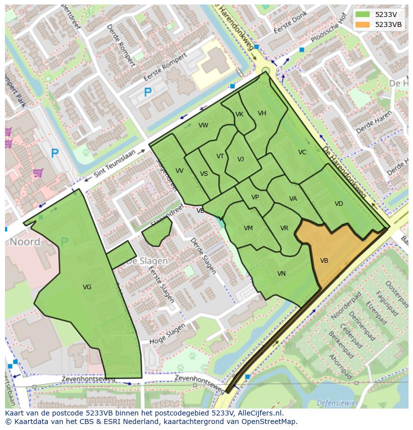 Afbeelding van het postcodegebied 5233 VB op de kaart.