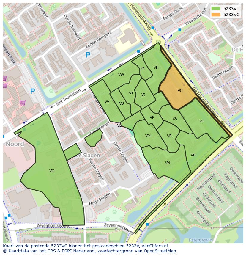 Afbeelding van het postcodegebied 5233 VC op de kaart.