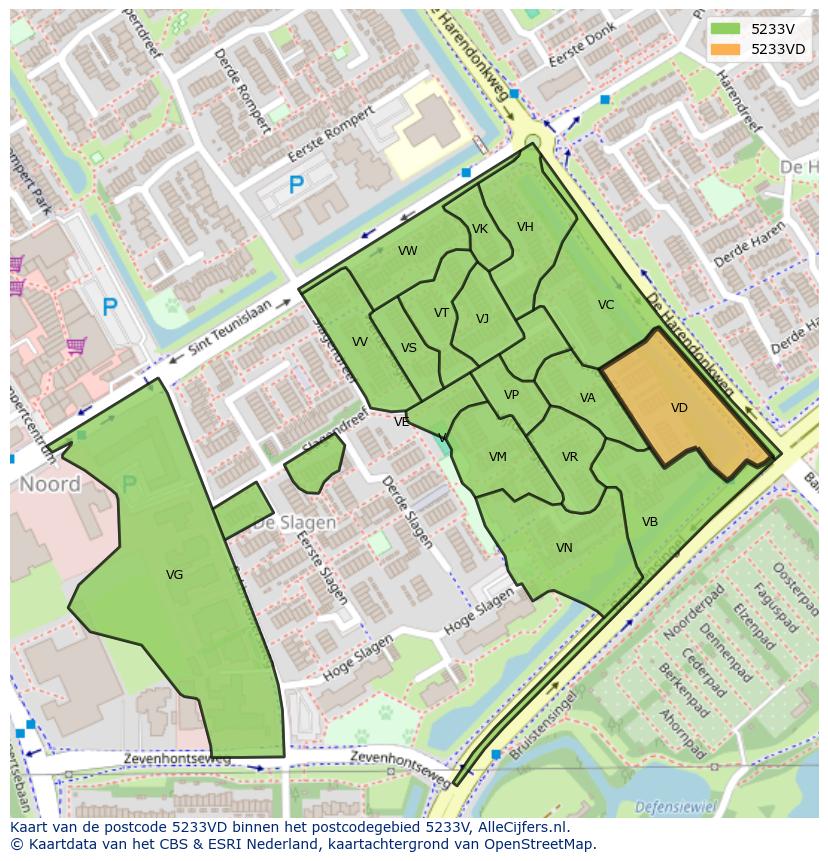 Afbeelding van het postcodegebied 5233 VD op de kaart.
