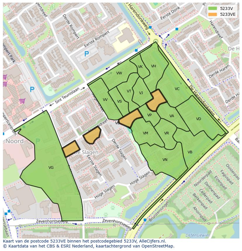 Afbeelding van het postcodegebied 5233 VE op de kaart.